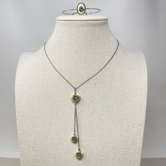 Vintage Japan Necklace & Bracelet Set Blue Rose Y-Drop Chain Dainty Heart - Picture 2 of 13